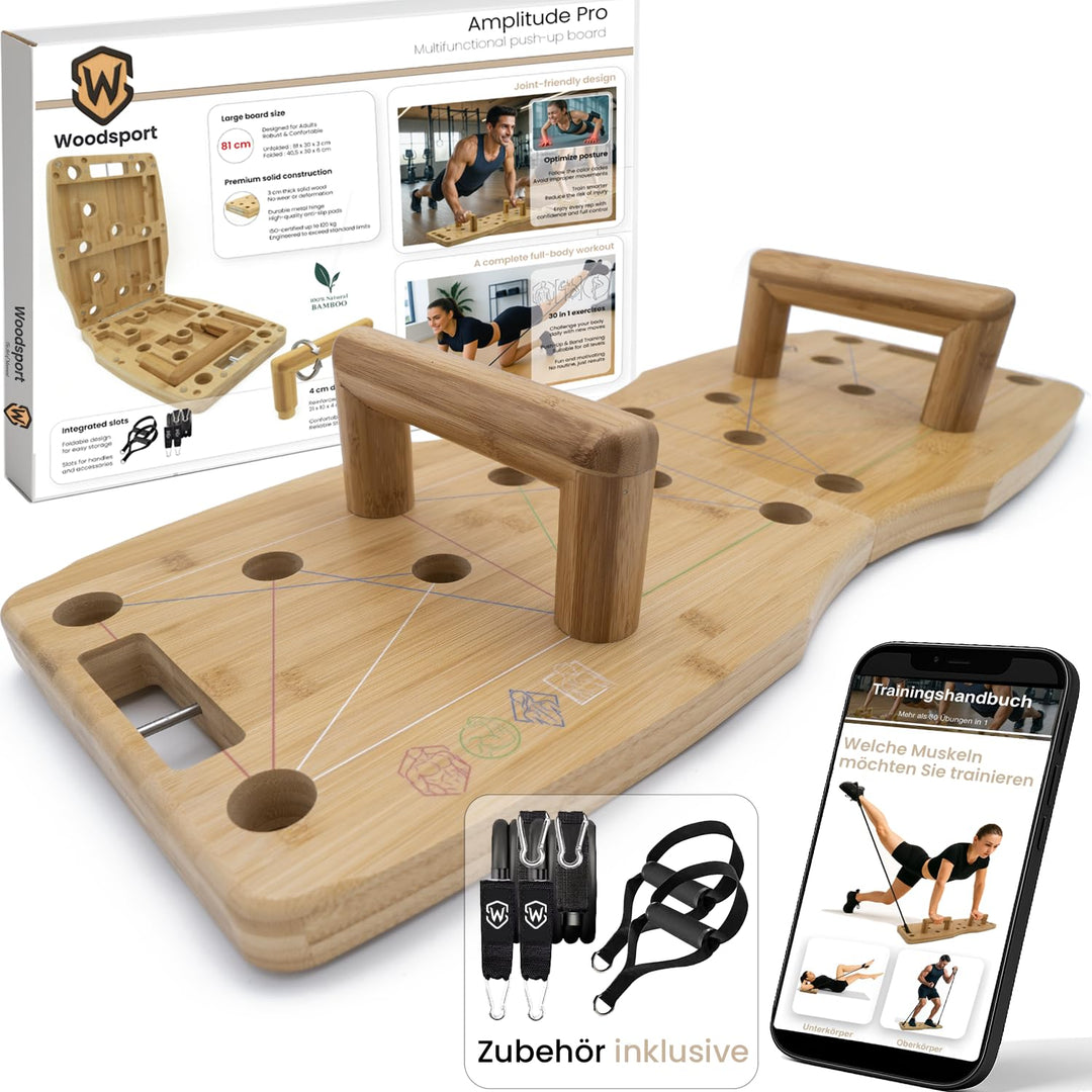 Amplitude Pro – Premium Liegestützbrett (push up board) aus Bambus – 81 cm Erwachsenengrösse – klapp