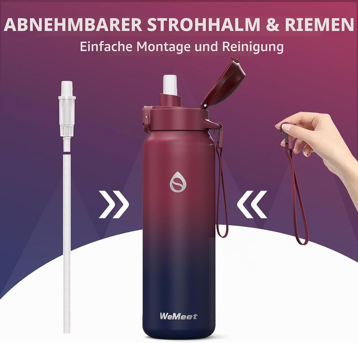 Thermosflasche mit Abnehmbarem Strohhalm 700ml, 18/10 Edelstahl Isolierflasche, BPA-frei Wasserflasc