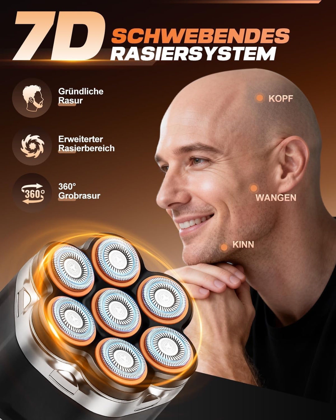 Glatzenrasierer Herren 7D mit LED Display, IPX5 Wasserdichtem Kopf Rasierer Herren, Elektrischer Kop