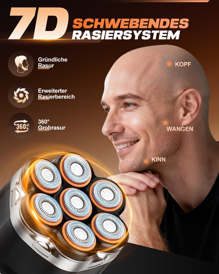 Glatzenrasierer Herren 7D mit LED Display, IPX5 Wasserdichtem Kopf Rasierer Herren, Elektrischer Kop