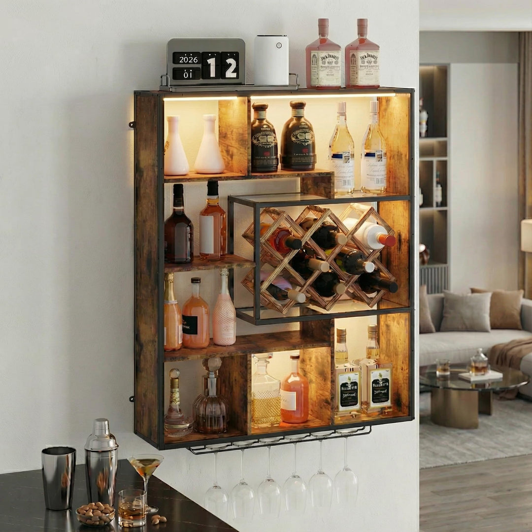 YOURLITE Weinregal Wand mit LED-Beleuchtung Metall,Bar Regal mit Glashalter,Wandmontage Wine Display