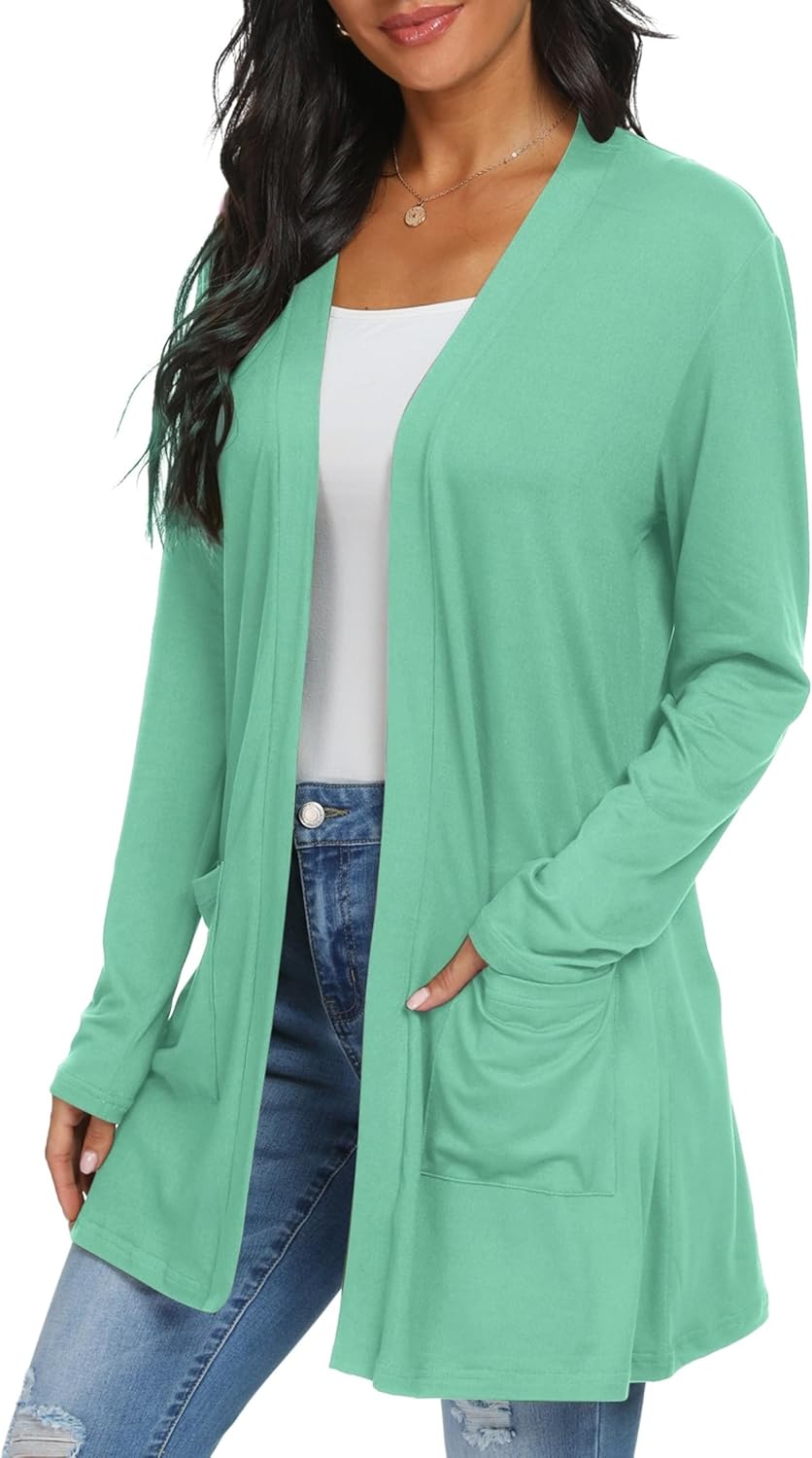 QIXING Casual Leichte Strickjacke Damen Lang Elegant Dünne Strickjacke Lange Ärmel mit Taschen Open