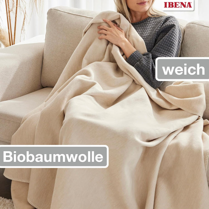 Ibena Wolldecke Lausanne, Baumwolldecke Natur, Kuscheldecke 140x200cm, kuschelig warm und angenehm l