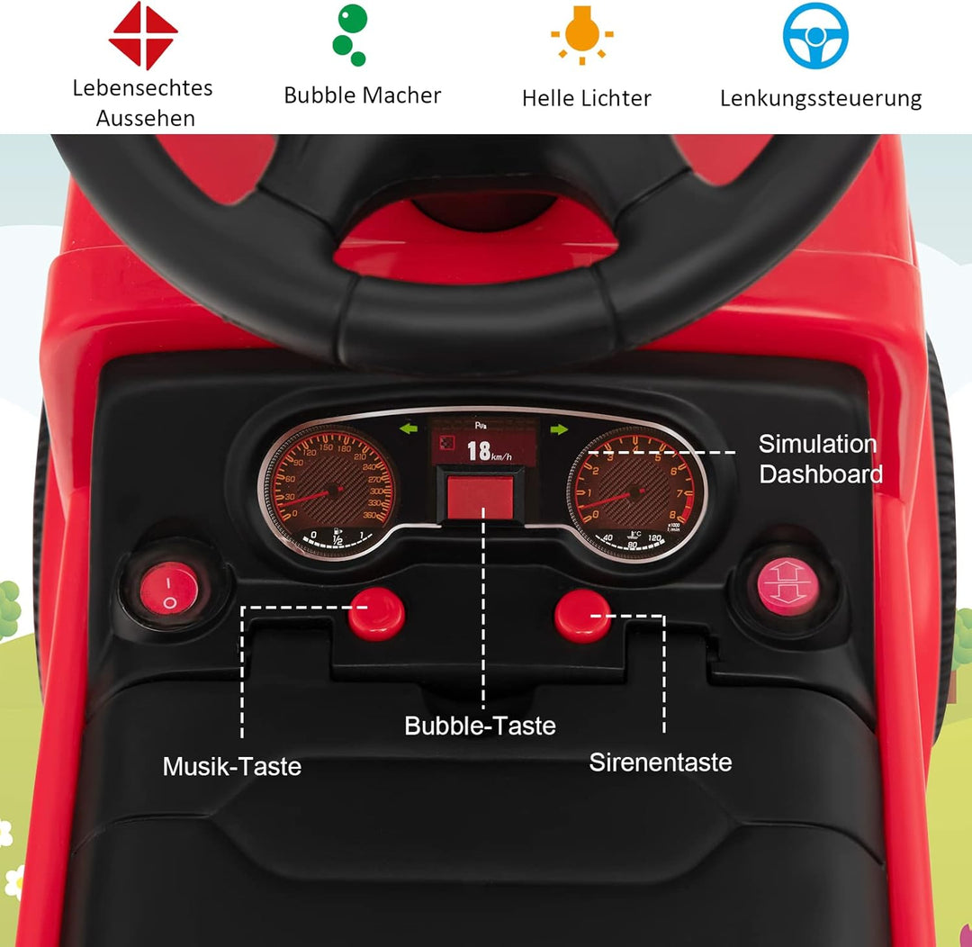 DREAMADE Rutscherauto Kinder mit Bubble Maschine, Feuerwehrfahrzeug Kinder bis 20kg, Rutschauto mit