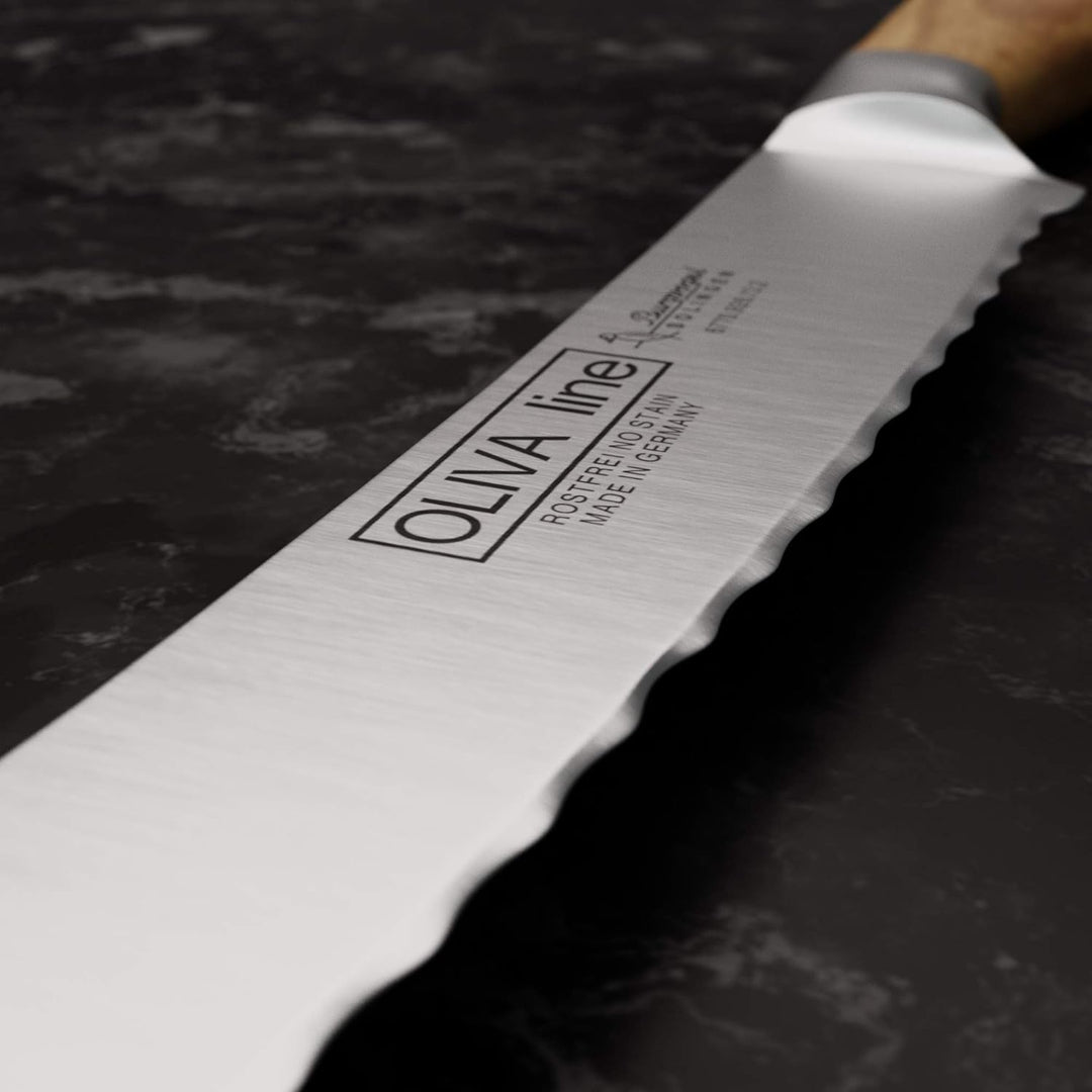 Burgvogel Solingen Tomatenmesser 13 cm geschmiedet Olivenholz, Oliva Line, Wellenschliff, rostfrei,
