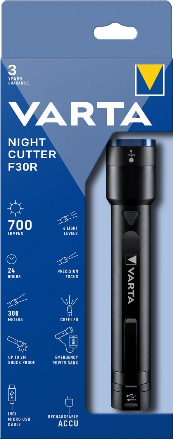 VARTA Taschenlampe LED &amp; Power Bank (2600mAh), aufladbar, Night Cutter F30R Premium Leuchte, Lampe m