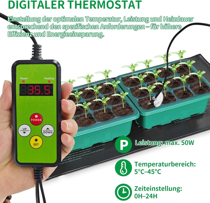 NAMOTEK Pflanzen-Wärmematte mit digitalem Thermostat & 5 Anzuchtplatten Set – Temperaturregelung für
