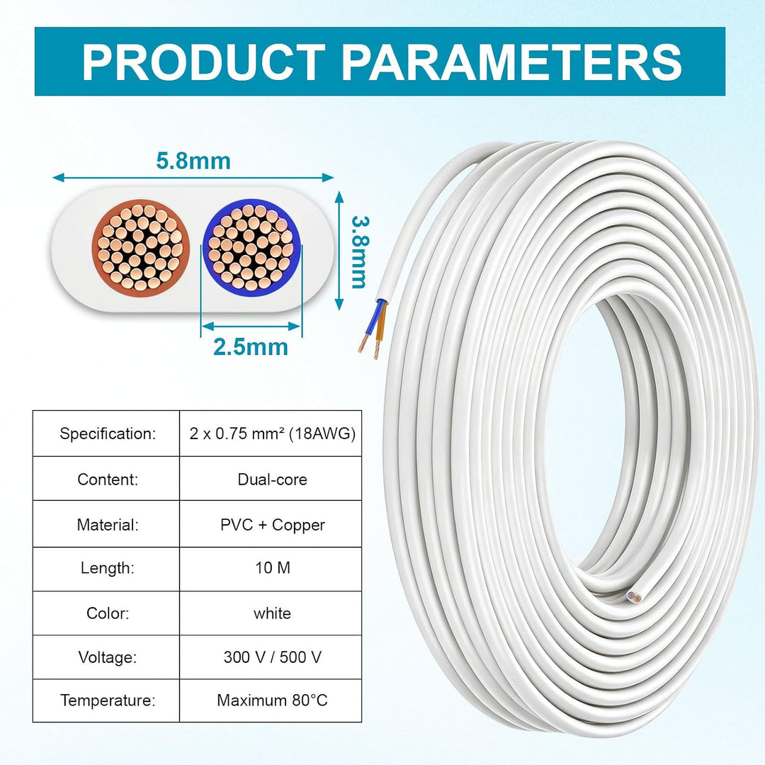 Elektrischer Draht 2 Adrig Kabel 2×0,75mm² 10M 18AWG 300V/500V Kupferdraht Weiss - 2×0,75mm², Weiss