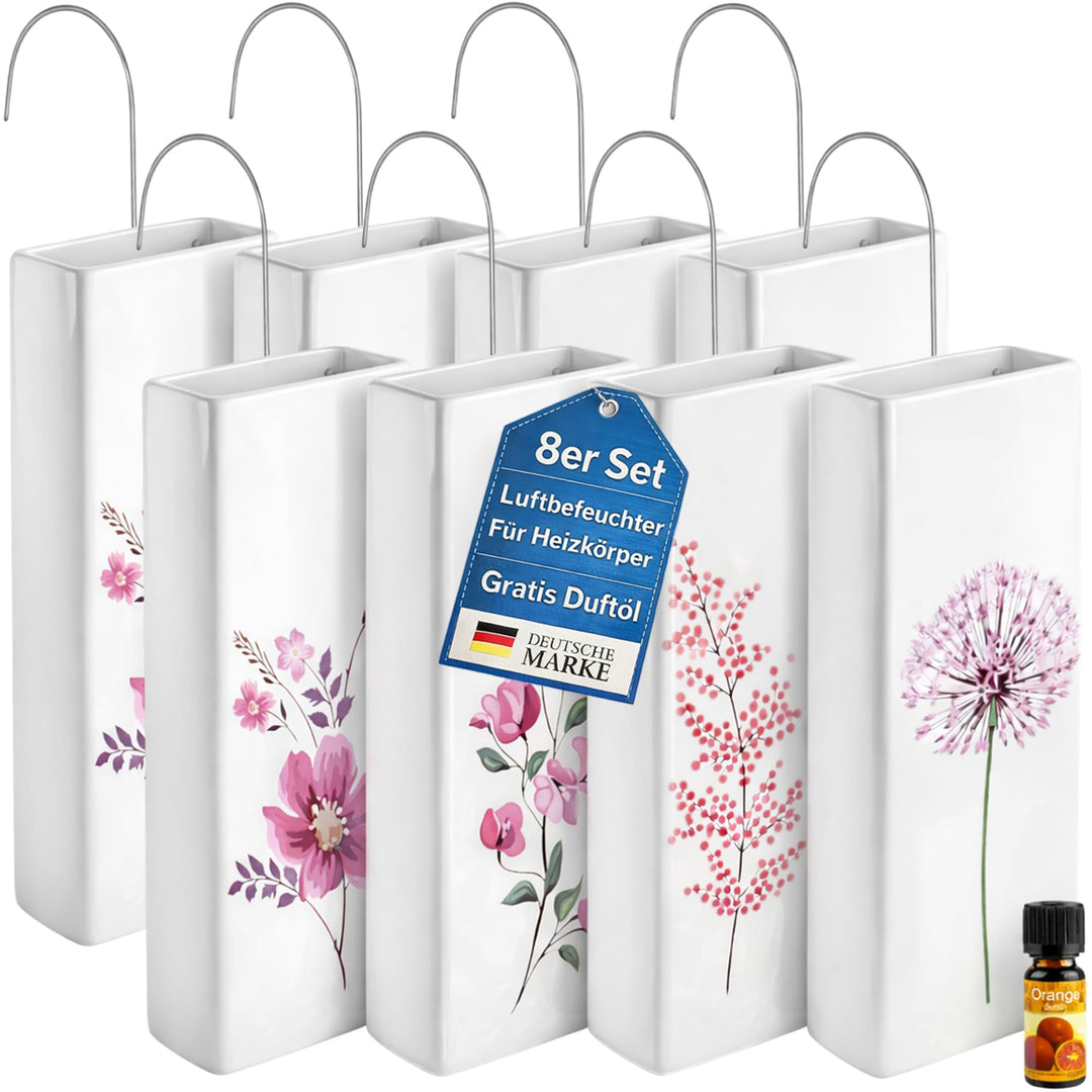 8er Set Luftbefeuchter Heizung Keramik 380ml Heizkörper Verdunster weiss mit Haken Blumenmotive Raum