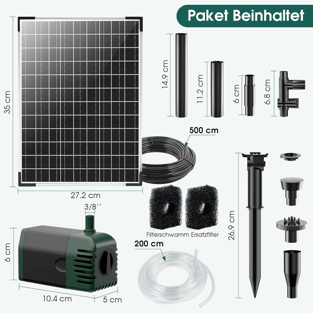 Biling Solar Springbrunnen für aussen, 20W 875L/H Solar Teichpumpe mit Filter 2M Wasserleitung DIY W