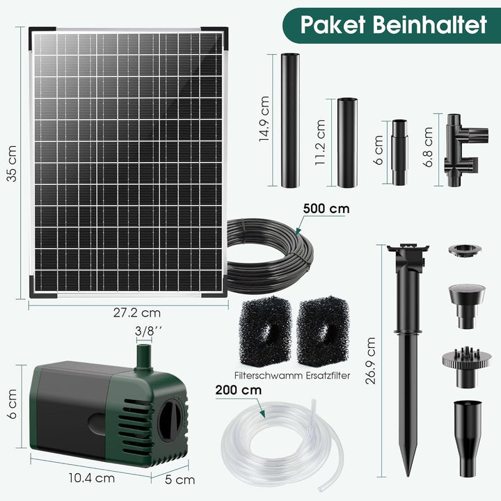 Biling Solar Springbrunnen für aussen, 20W 875L/H Solar Teichpumpe mit Filter 2M Wasserleitung DIY W