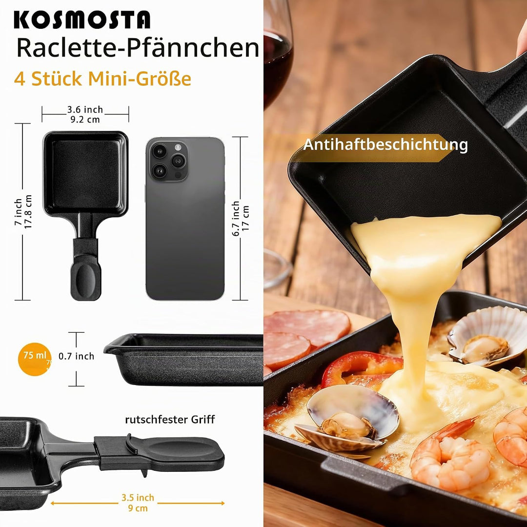 Pfännchen Mini 4 Stücke Antihaftbeschichtet Grill Pfännchen Viereckig Mini Raclette Grill mit 4 Holz