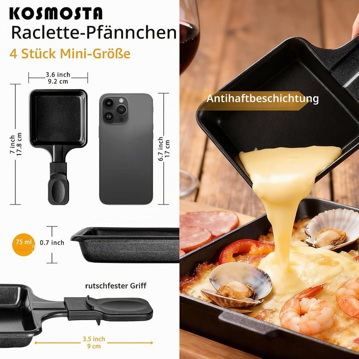 Pfännchen Mini 4 Stücke Antihaftbeschichtet Grill Pfännchen Viereckig Mini Raclette Grill mit 4 Holz