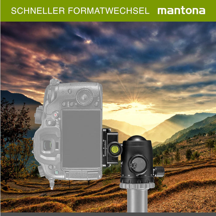 mantona Fortress Kugelkopf mit 34 mm Kugel I 360° Panorama-Funktion &amp; 3 Wasserwaagen I mit Arca Swis