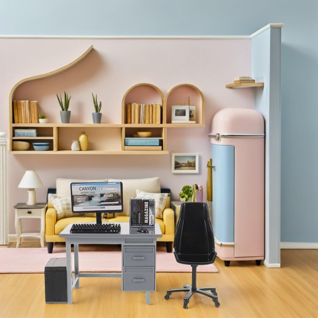 2 Sets Miniatur PuppenhausmöBel BüRotisch Mit Stuhl Computer Modell Simulations Pc Spielzeug FüR Kin