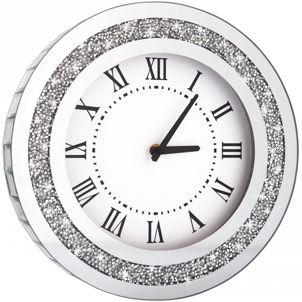 DMDFIRST Silberfarbener runder Spiegel, 30,5 cm, Kristallglitzer, glitzernd, Diamant-Spiegel-Wanduhr