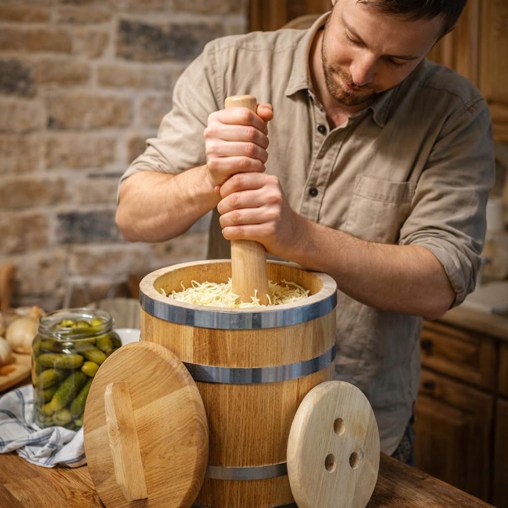 Sauerkrautfass 10L aus Eichenholz – Handgemachtes Gärfass mit Deckel &amp; Gewicht – Holzfass zum Einleg