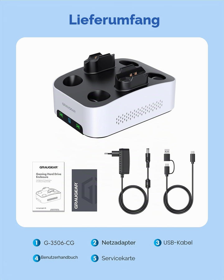 GRAUGEAR 4TB Externe Festplatte für PS5 & PS5 Slim, Ladestation für 2X PS5 Controller, 4TB HDD 3.5",