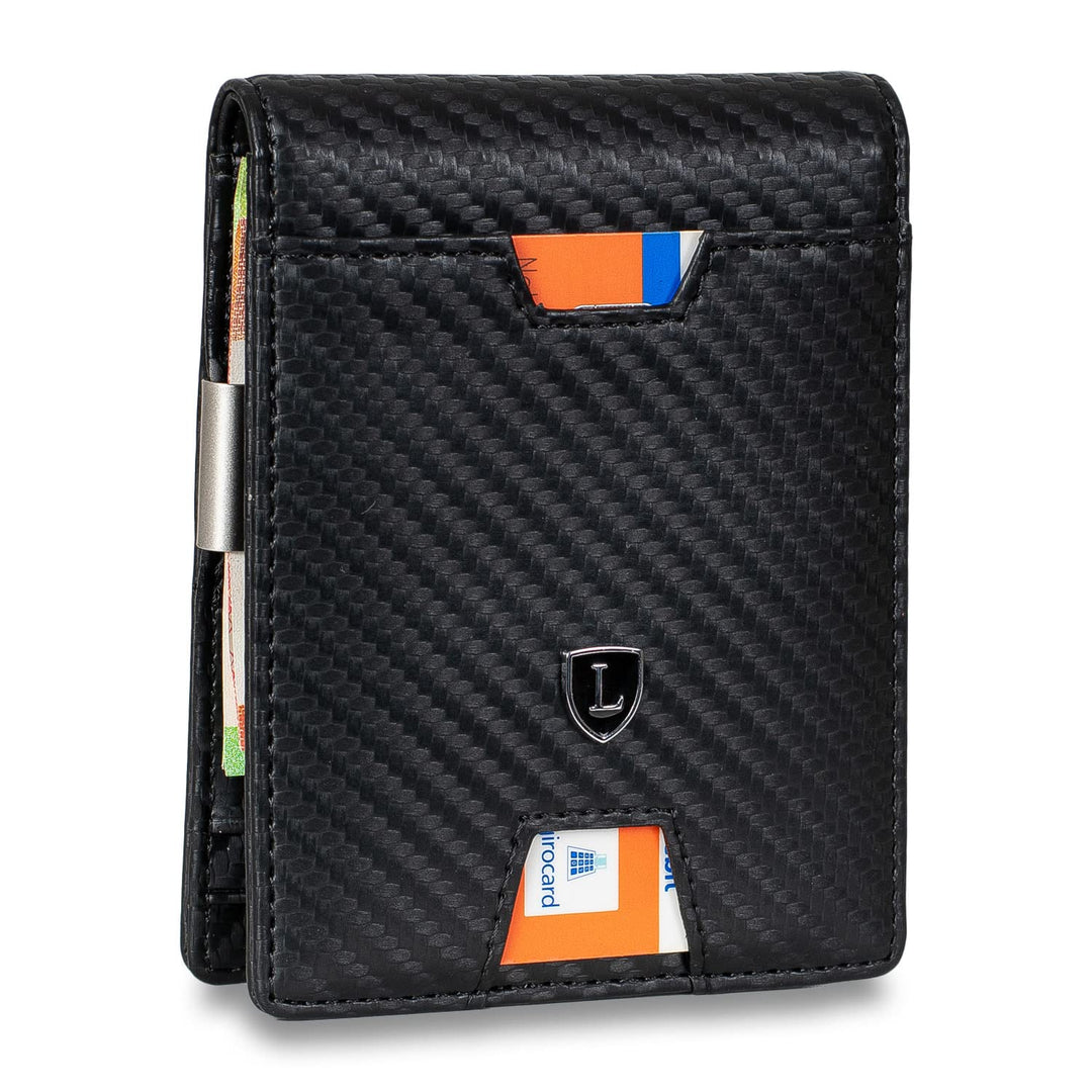 Lederhand® iSlim XL - Carbon Leder Geldbeutel mit Geldklammer und Münzfach, 13 Kartenfach + 1 Sichtf