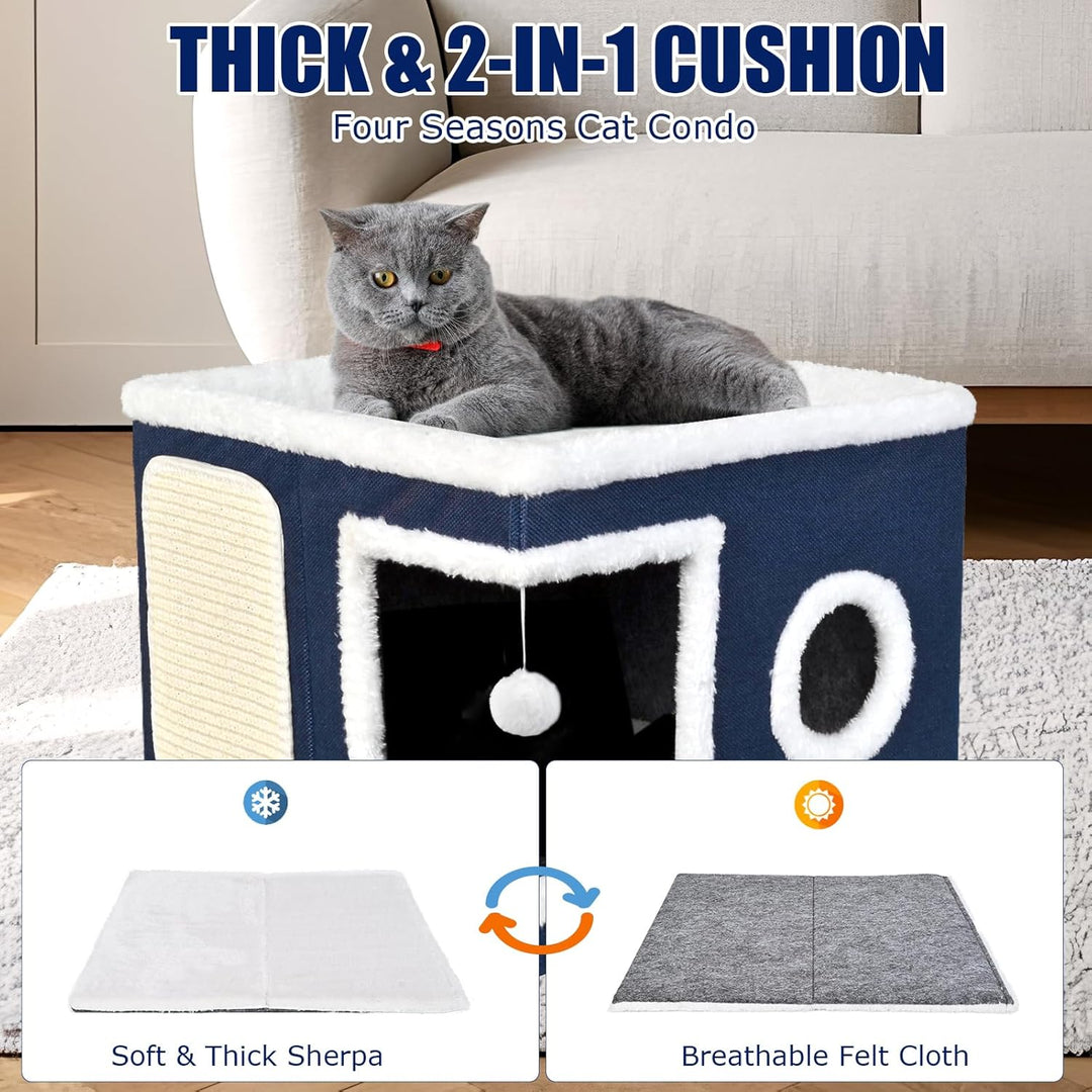 Katzenbetten für Indoor-Katzen, überdachtes Katzenhöhlenbett mit Kratzunterlage und flauschigem Ball