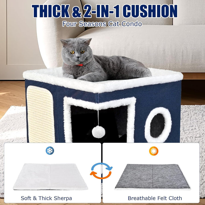 Katzenbetten für Indoor-Katzen, überdachtes Katzenhöhlenbett mit Kratzunterlage und flauschigem Ball