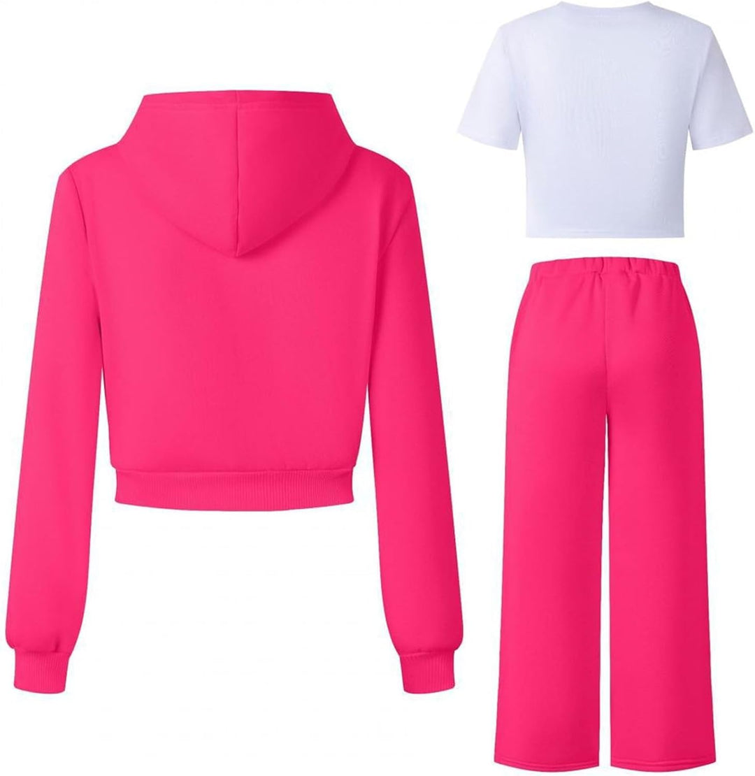 Generisch Mädchen Jogginganzug 3-teilig mit weiter Hose - Set aus Zip-Hoodie, Sweathose und Top · Lä