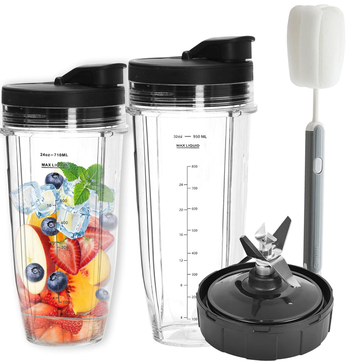 Blender Becher & 7 Flossen Zerkleinerungsklinge für Ninja Mixer, 24oz & 32oz Cups mit 2 Abdeckung,Bü