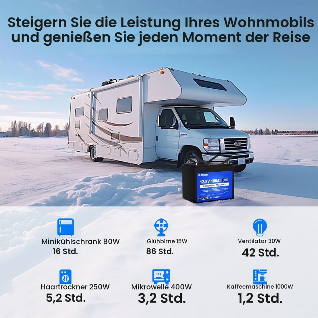 DCHOUSE 12V 100Ah LiFePO4 Bluetooth Lithium Batterie mit SOC-Leuchte und BMS-Anzeige, Niedertemperat