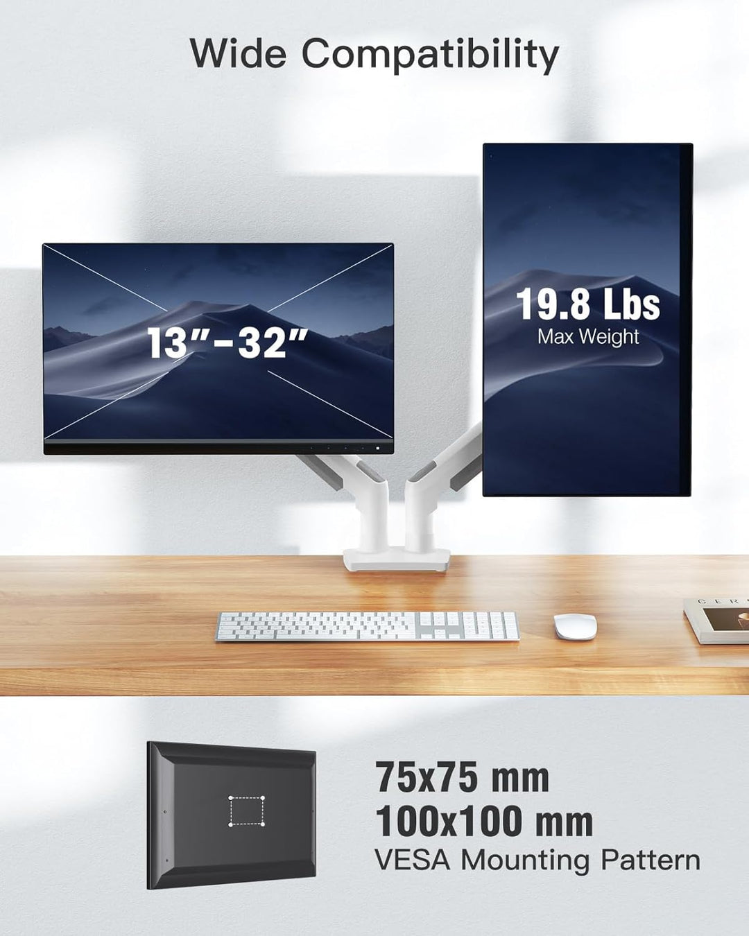 HUANUO Weiss Monitorhalterung Für 2 Monitore, Geeignet Für 13 Bis 32 Zoll Bildschirme, Höhenverstell