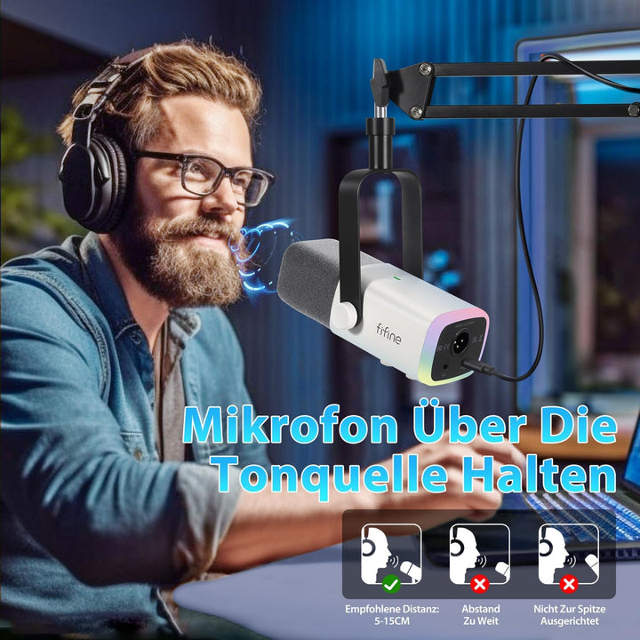 FIFINE XLR Streaming Mikrofon mit Arm für Podcast Studio, USB Dynamisch Microphone Gaming PC mit Stu