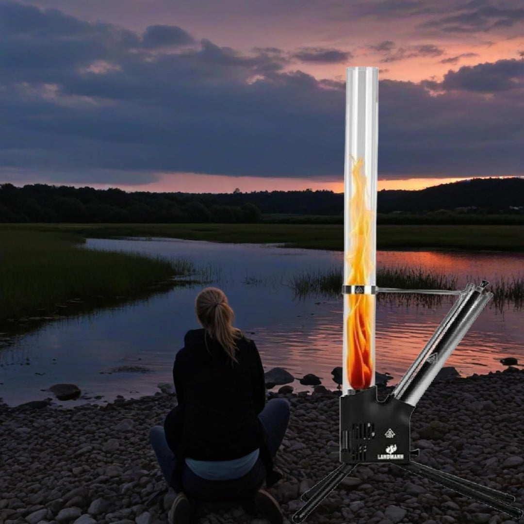 Feuersäule Schwarz/Silber – Outdoor Pellet Feuerstelle 126,5 cm mit Borosilikat-Glasrohr, raucharm,