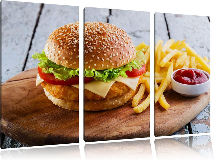Pixxprint Chickenburger Pommes als Leinwandbild/Grösse: 3 Teilig (120x80 cm) cm/Wandbild/Kunstdruck/