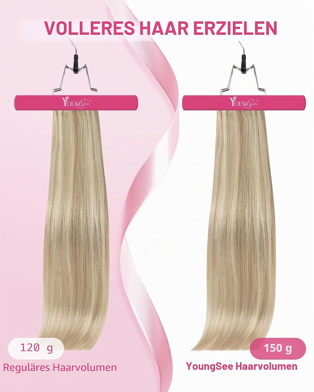 YoungSee Echthaar Extensions Clip Blond Doppelt Tressen Clip in Extensions Echthaar Aschblond mit Pl