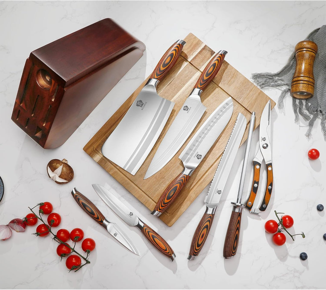 WILDMOK Messerblock Set, 9-TLG Messer Set mit Holzgriff Block, Deutscher Edelstahl Kchenmesser, Prof