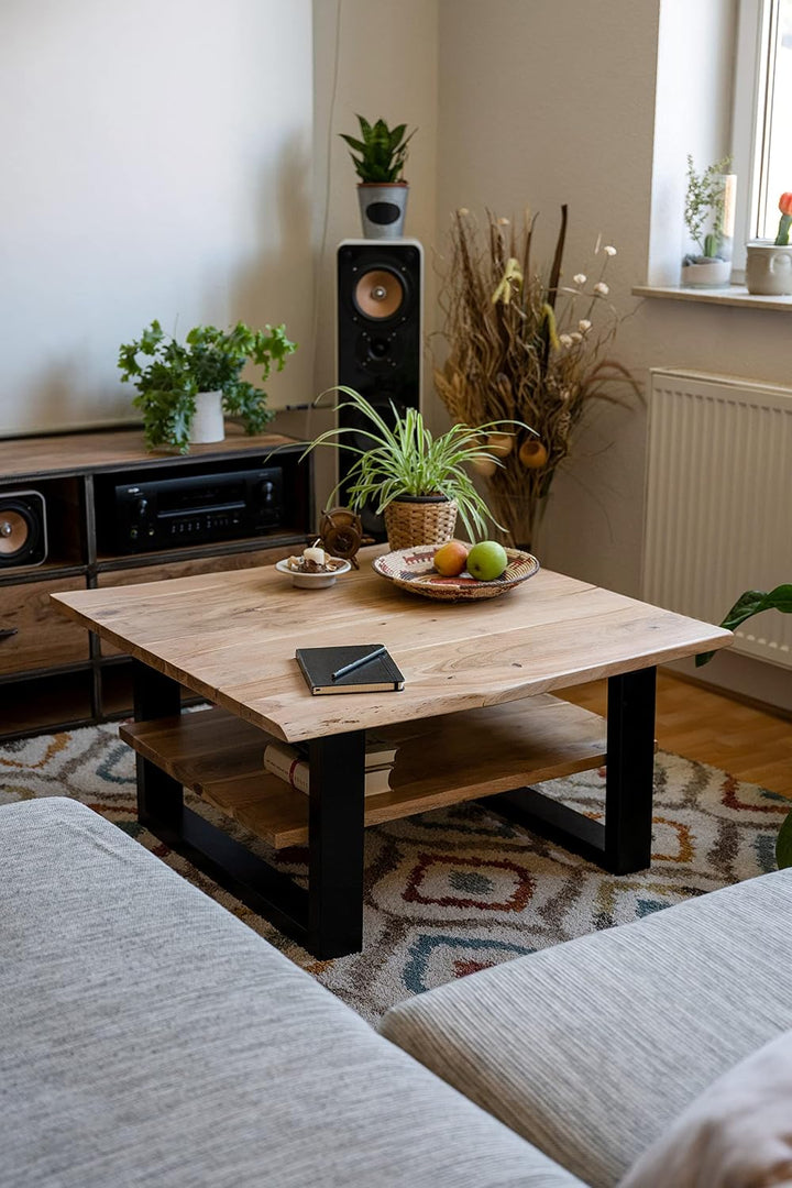 SAM B-Ware Couchtisch 90x90 cm Philipp, Sofatisch mit Ablage | Akazienholz massiv + naturfarben + la