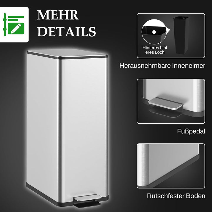 HOMCOM Mülleimer 20 L mit Softclose-Deckel Pedal 21,5 x 37,2 x 57cm Silber | Treteimer, Abfalleimer