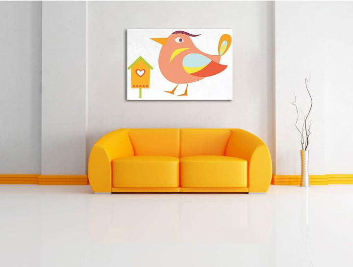 Pixxprint Niedlicher Vogel mit Vogelhäuschen weiss, Format: 100x70 auf Leinwand, riesige Bilder fert