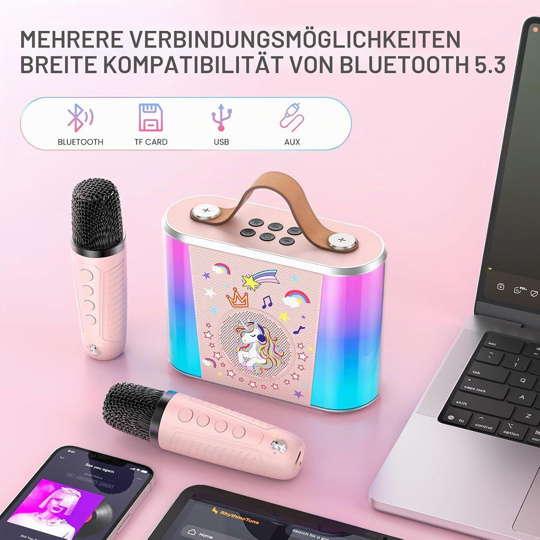PKBD Karaoke Maschine für Kinder,Mini Karaoke Maschine mit 2 Mikrofonen, Tragbarer Bluetooth-Lautspr