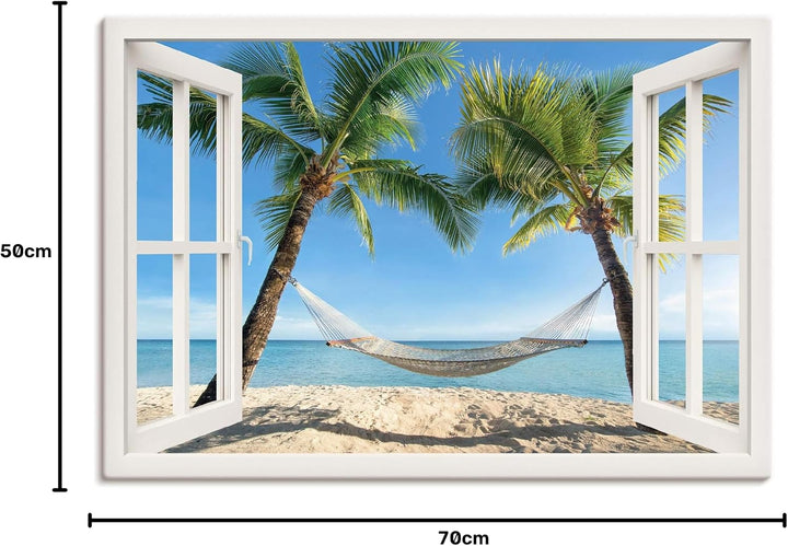 Artland Leinwandbild Wandbild Bild auf Leinwand 70x50 cm Wanddeko Fensterblick Fenster Strand Karibi