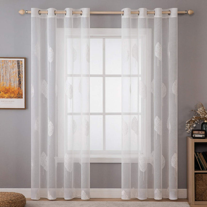 MIULEE Wohnzimmer Vorhänge Transparent mit Weiss Blätter Muster, Modern Stickerei Gardinen Ösen für