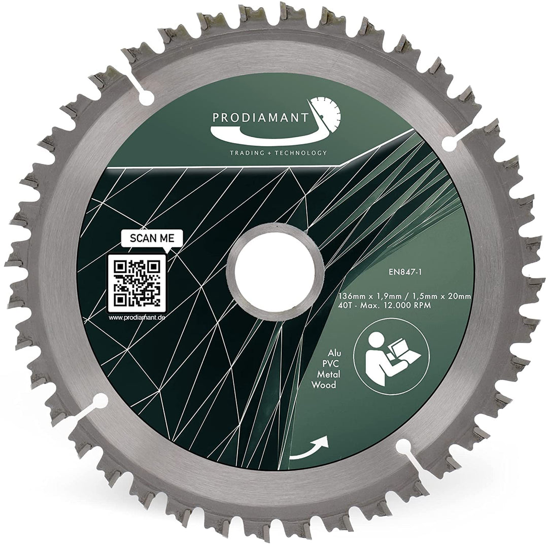 PRODIAMANT Sägeblatt 136mm x 20mm für Holz, Metall & Alu kompatibel mit Tauchsäge, Kappsäge & Kreiss