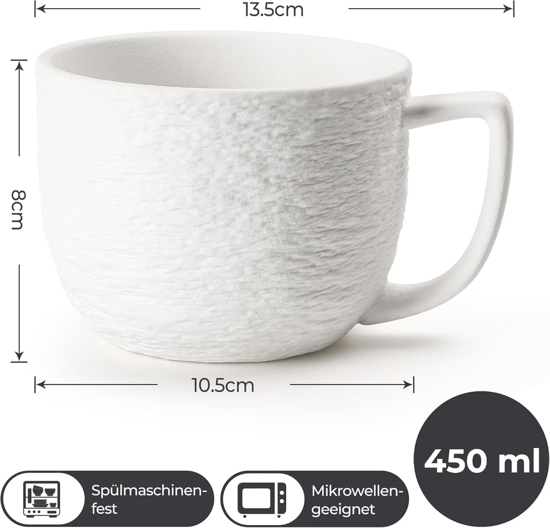MIAMIO - Kaffee Tassen Set 4er / weisse Kaffeebecher 450 ml/Tasse für Kaffee, Latte Macchiato, Tee,
