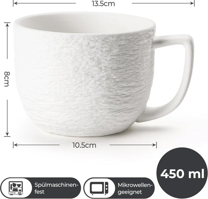 MIAMIO - Kaffee Tassen Set 4er / weisse Kaffeebecher 450 ml/Tasse für Kaffee, Latte Macchiato, Tee,