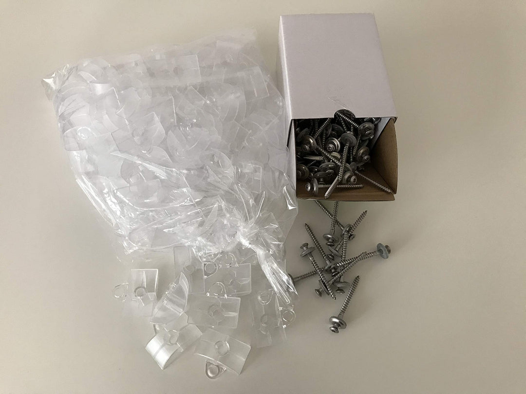 Set aus je 100 Stück Abstandhalter & Spengler-Schrauben TX20 EPDM-Dichtscheiben 4,5x55mm für Trapez-