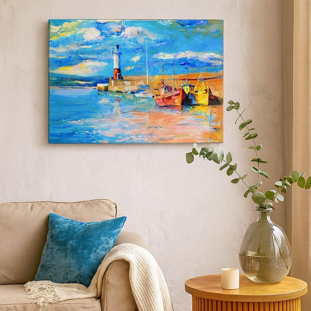 Bilder auf Leinwand 100x70cm Leinwandbild mit Rahmen Leuchtturm Meer Gross Wanddeko Bild Schlafzimme