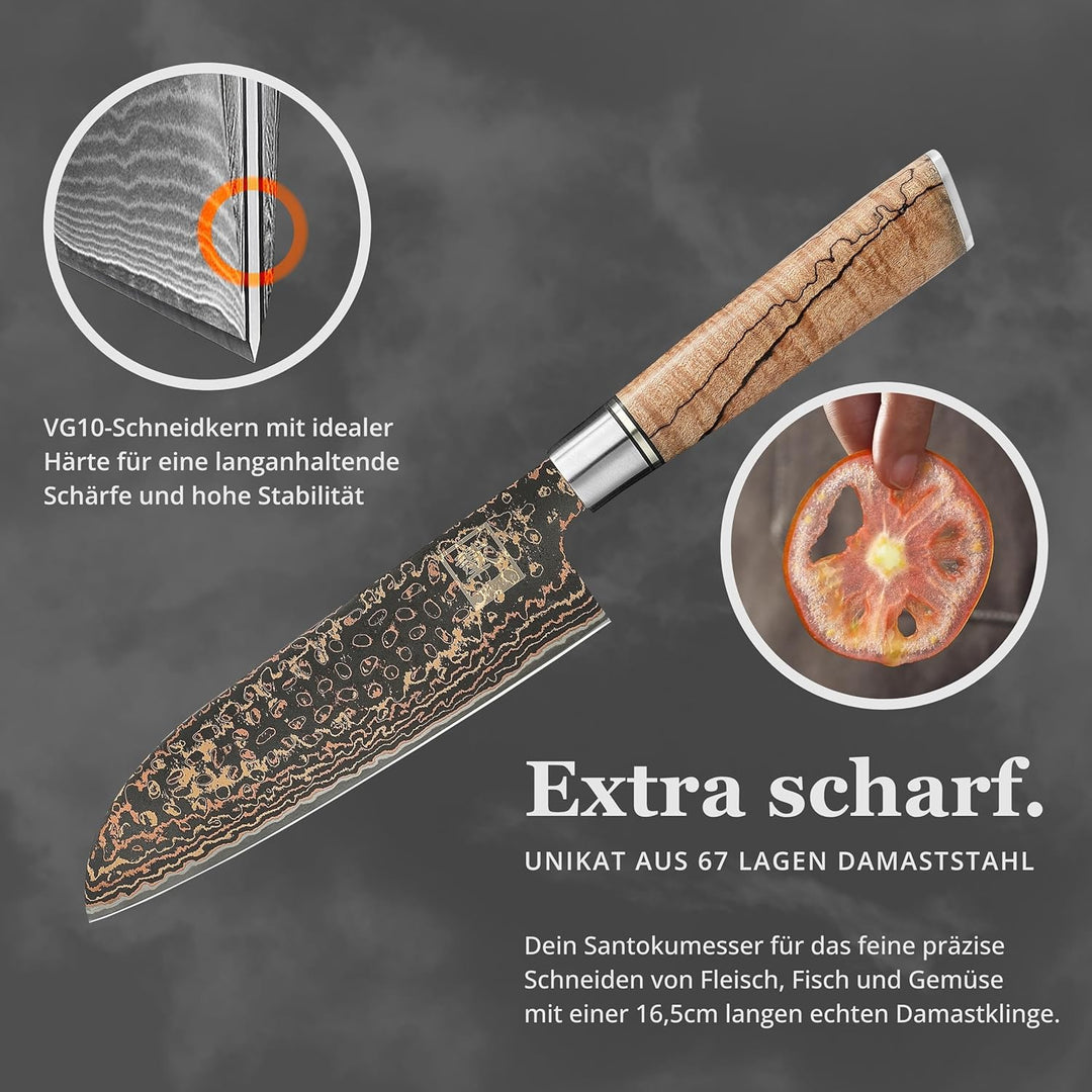 zayiko BlackMagma Damastmesser Santoku I 16,5 cm Klinge aus Damaststahl mit Kupfer & Bronze sowie Ah