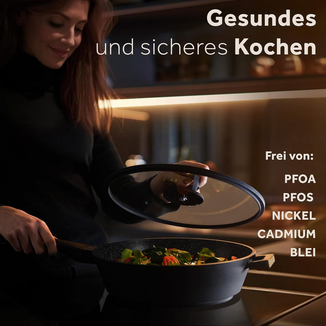 ZWIEGER Grosse Pfanne mit Deckel 28cm – Schmorpfanne 28 cm hoher Rand, Aluguss, vollflächiger Edelst