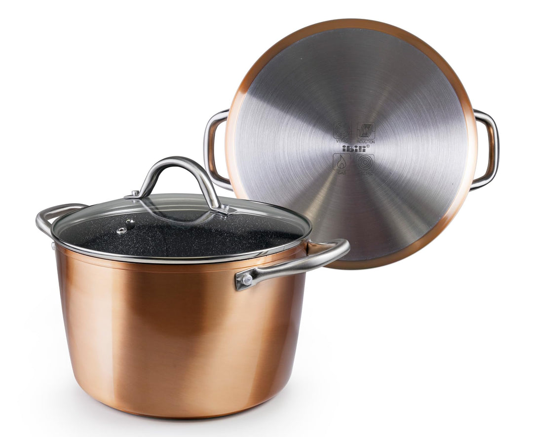 IBILI - Kochtopf Natura Copper, Kupfer, mit Glasdeckel, 20 cm, Anti-Haft-Beschichtung im Steinstil,
