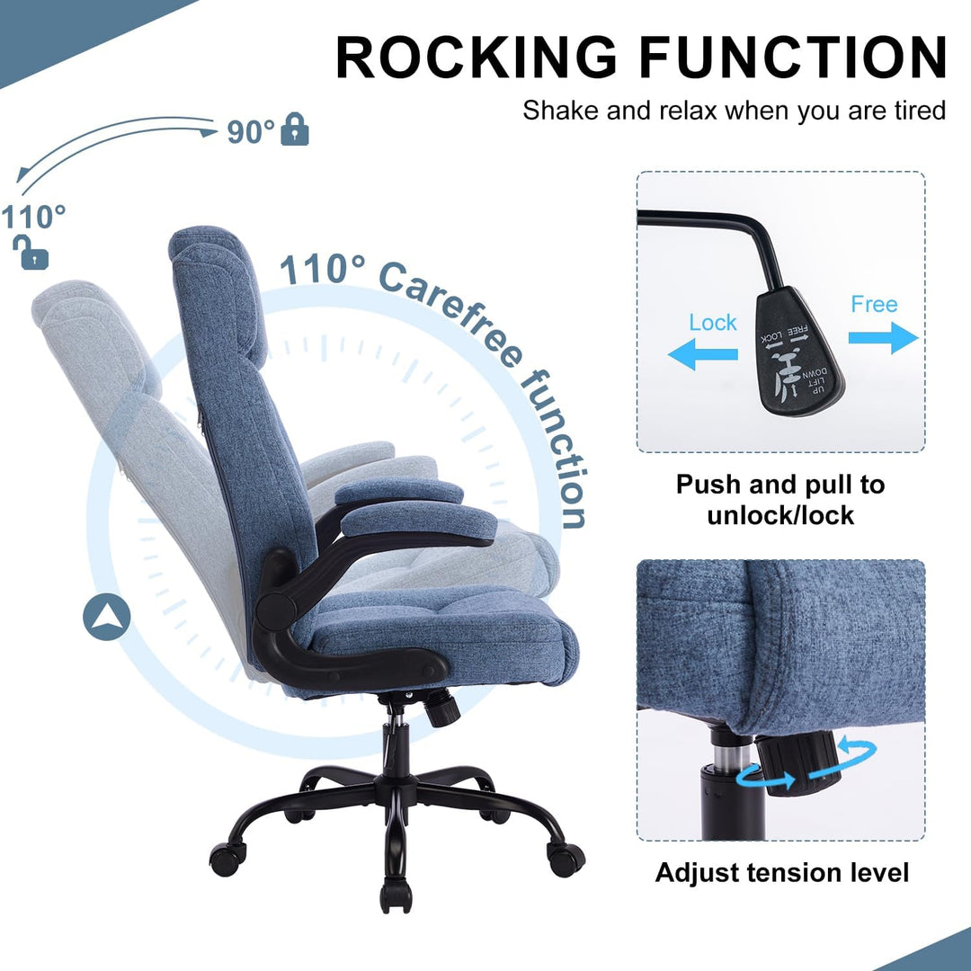 Bürostuhl Ergonomischer Computerstuhl 150KG Belastbarkeit Chefsessel Verstellbare Kopfstütze Flip-up