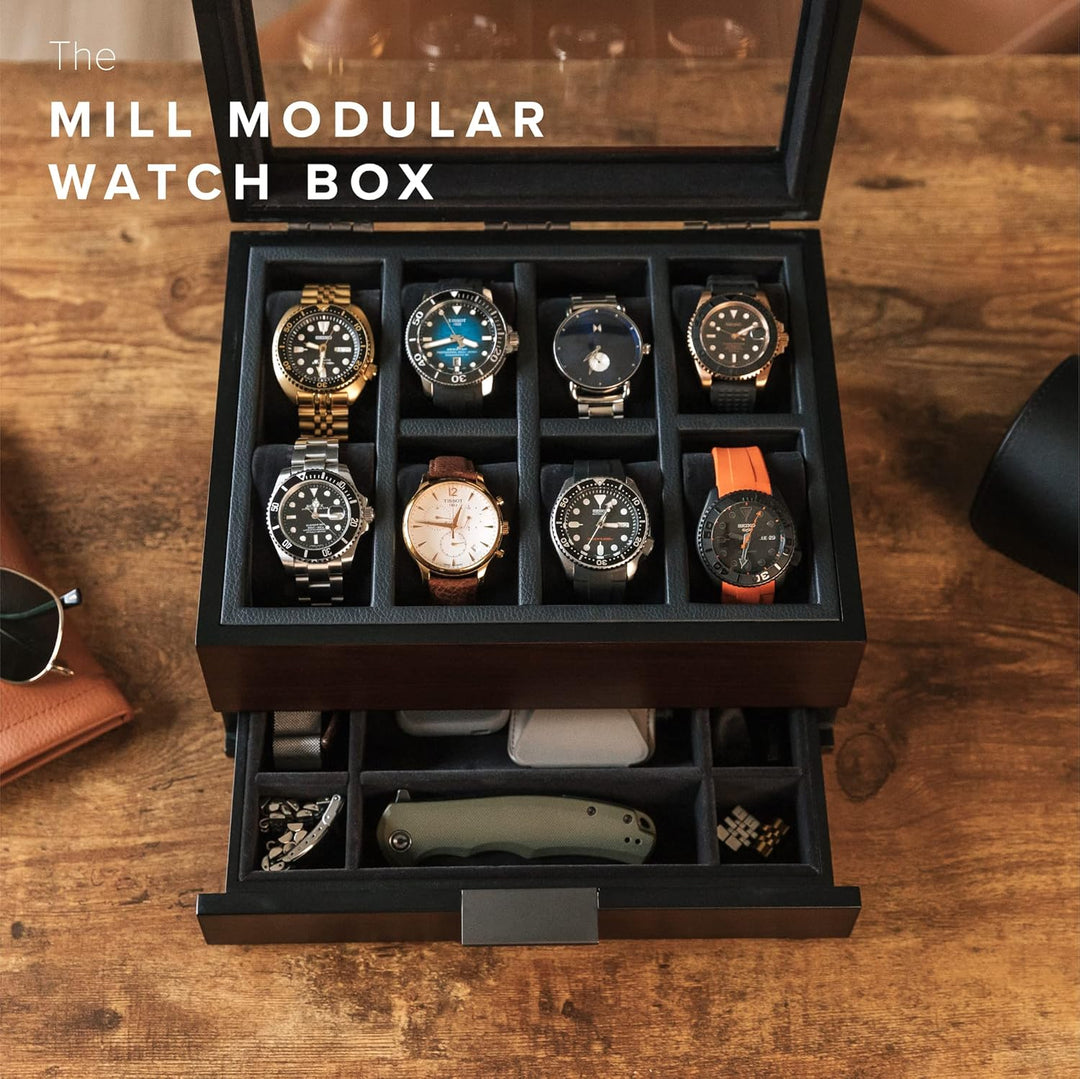 CASE ELEGANCE Monogrammierte Uhrenbox mit 8 Schlitzen, Organizer für Herren, Kirschholz, Walnussholz